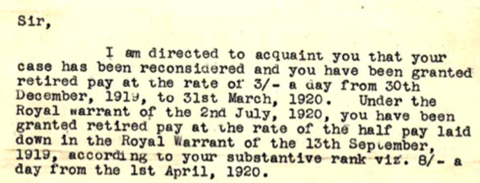 Pension 8s per day from 1st April 1922